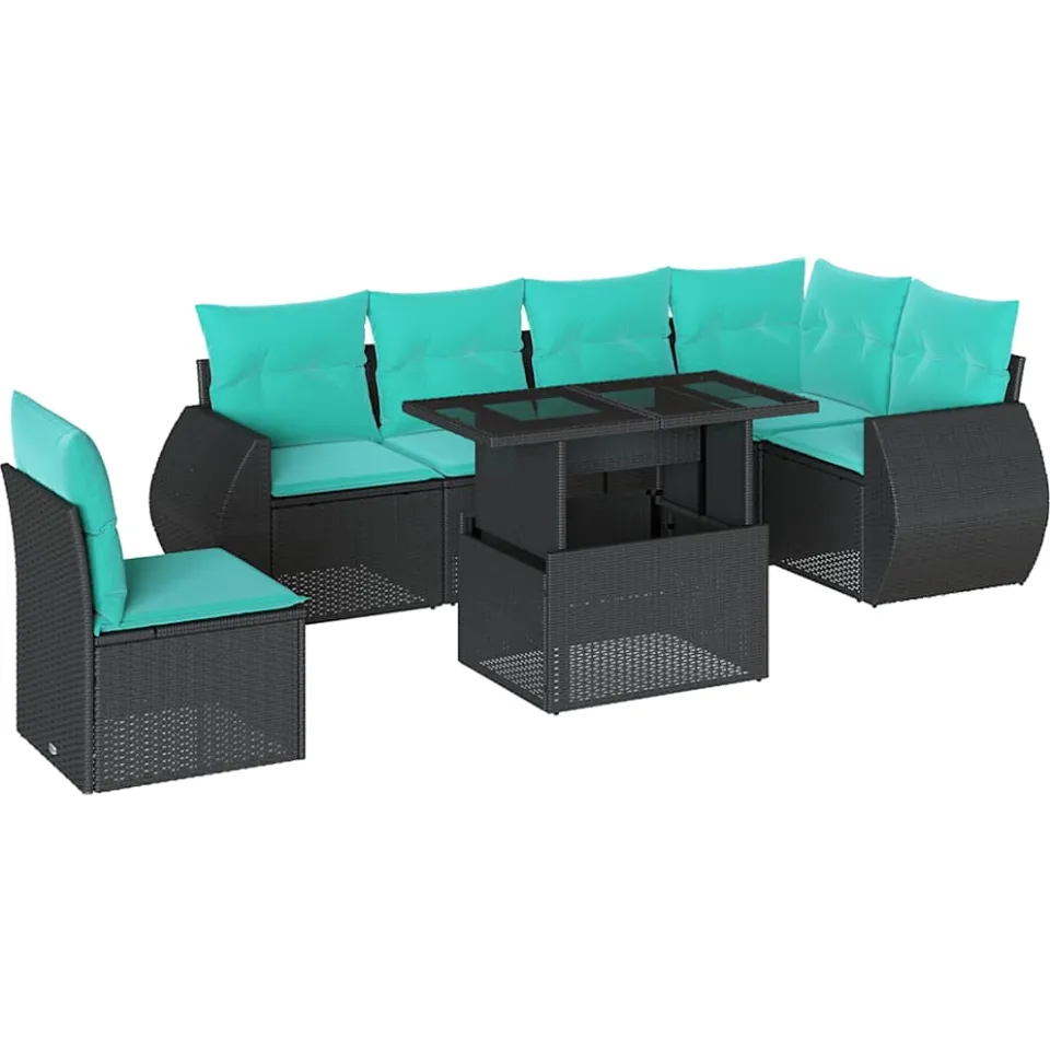 vidaXL 7-delige tuinbankset met kussens van zwart polyrotan, foto 3