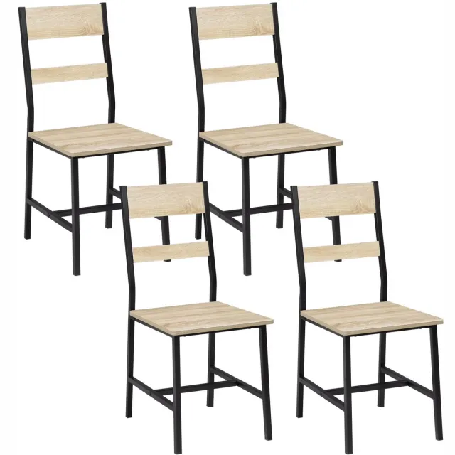 Whoopr® Set van 4 Industriële Eetkamerstoelen – Houten Keukenstoelen met Hoge Rugleuning & Metalen Frame – Stoelen Belastbaar tot 150 kg – Bruin/Zwart Licht Eiken