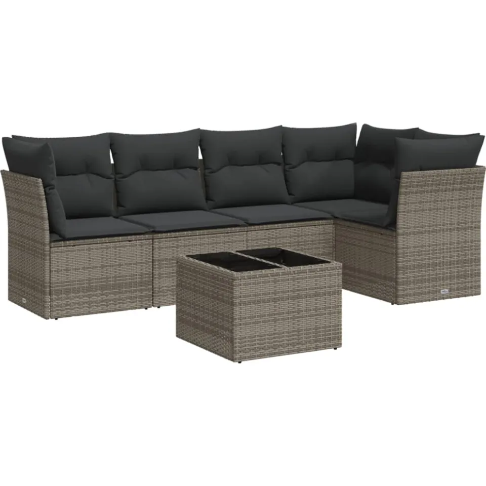 vidaXL 6-delige Loungeset met kussens poly rattan grijs