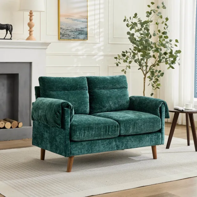 Welltin Zitbank - Chenille zitbank - Bank met armleuningen - Comfortabele compacte 2-zitsbank - 124 x 70 X 85 cmGeschikt voor Woonkamer/Kantoor/Appartement - Groen