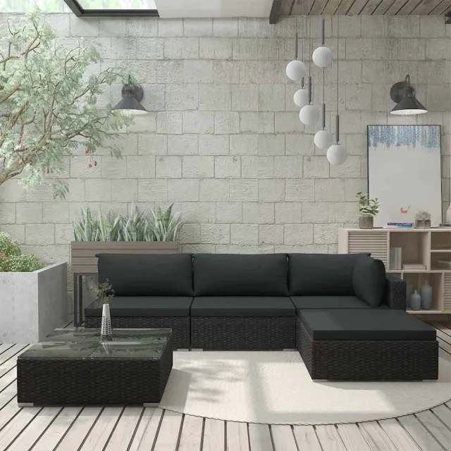 vidaXL 5-delige Loungeset met kussens poly rattan zwart, foto 2