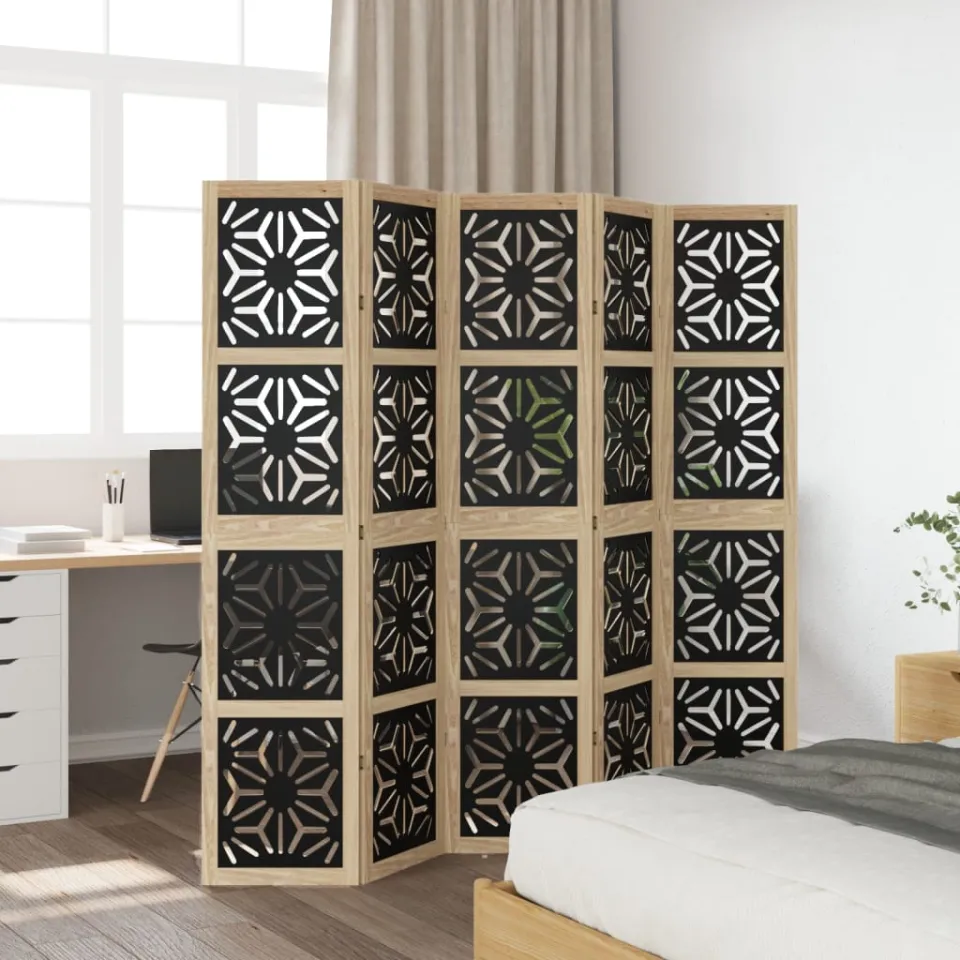 vidaXL Kamerscherm met 5 panelen massief paulowniahout bruin en zwart, foto 4