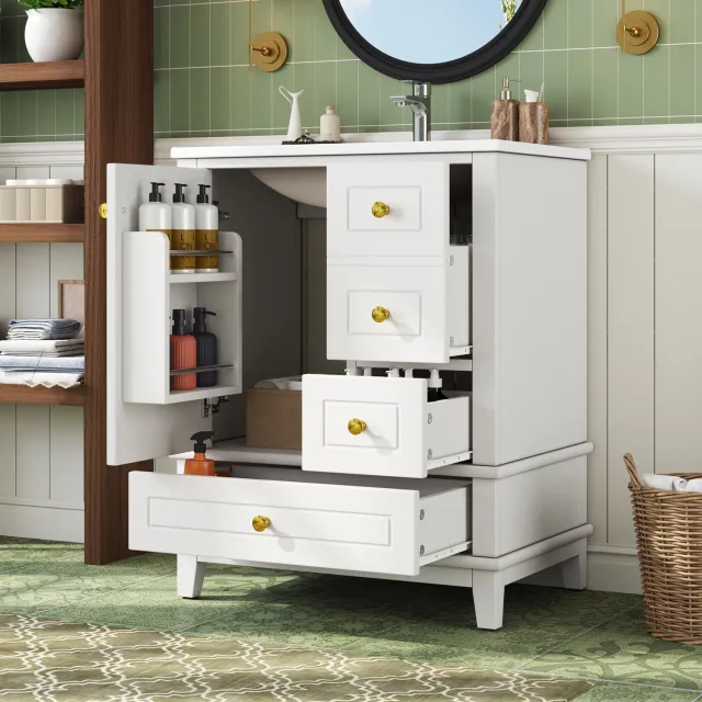 HAUSS SPOLE Badkamermeubel Met Wastafel - Hoogglans Wit MDF Met Drie Laden En Deur - Vrijstaand Voor Badkamer - Keramiek - 61x47x86 Cm