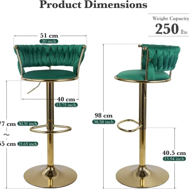House&Garde Barkrukken Set van 2 – House&Garden Emerald Royal Velvet Barstoelen – Draaibaar & In Hoogte Verstelbaar 77–98 cm – Ergonomische Barkruk met Gevlochten Rugleuning en Gouden Metalen Frame – Groen Fluweel
