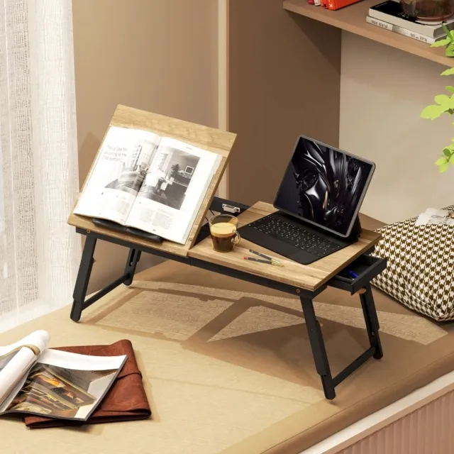 REDOM Bedtafel - Hoogteverstelbaar - Kantelbaar tafelblad met veiligheidsrand - Opklapbaar met lade - Bamboe en MDF - Eikenkleur - 83,5 x 33 x 23,5-34 cm
