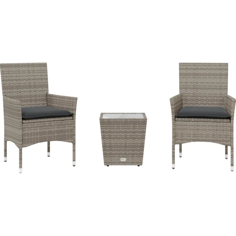 vidaXL 3-delige Bistroset met kussens poly rattan en glas grijs, foto 3