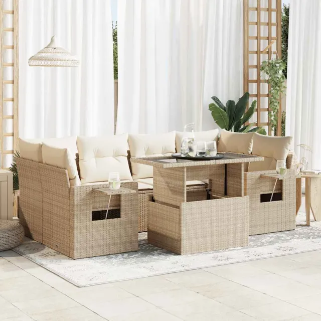 vidaXL 7-delige Loungeset met kussens poly rattan beige, foto 2