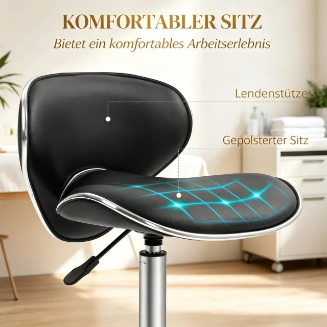 OKWISH Bureaukruk met Rugleuning 44 tot 56 cm - Verstelbaar en Draaibaar - Voor Werkplek en Salon - Polyurethaan - Zwart