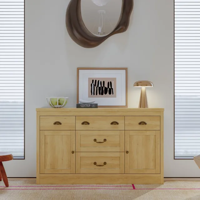 ROSAHQNDA Dressoir 135x40x80 cm, houten buffetkast met 5 lades en 2 deuren, opbergkast met verstelbare planken, landelijke kast naturel houtkleur Natuurlijk houtkleur