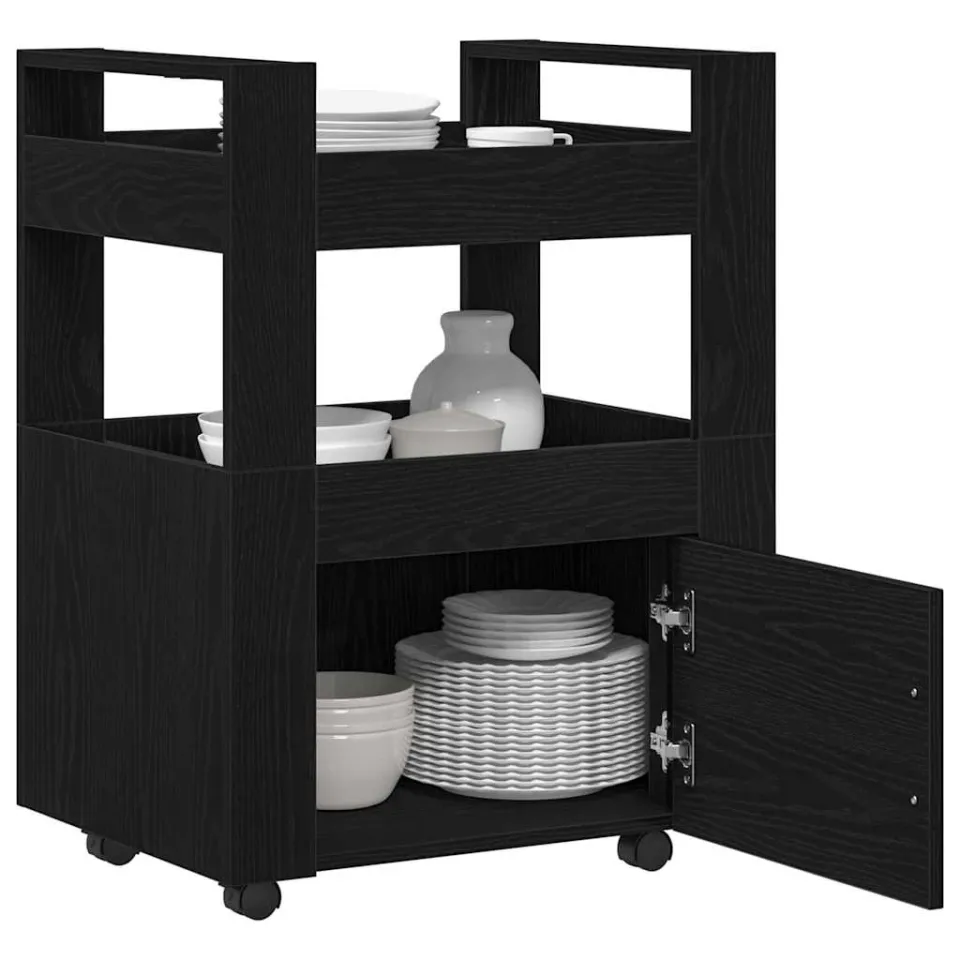vidaXL Keuken Trolley Zwart eiken 60 x 45 x 80 cm Bewerkt hout