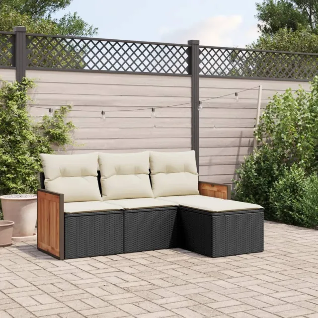 vidaXL 4-delige Loungeset met kussens poly rattan zwart, foto 2