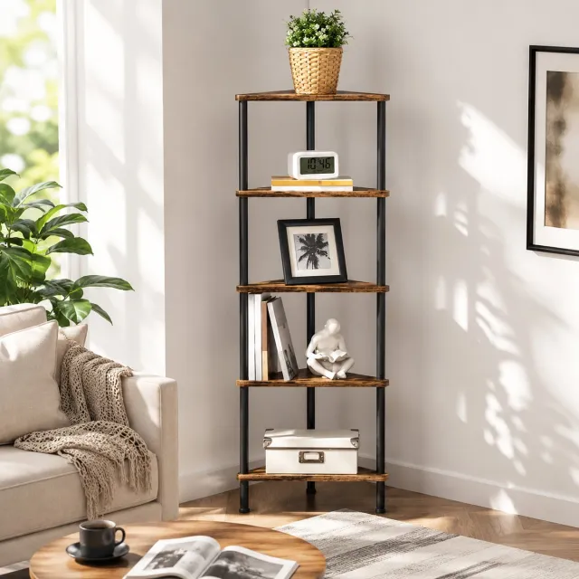 BOTC Boekenkast - Hoekboekenkast - Vrijstaande Hoekplank - Boekenkast met 5 planken - voor Woonkamer, Slaapkamer, Kantoor - Bruin Rustiek bruin