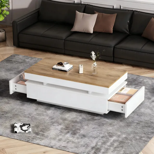 REDOM Salontafel 100 x 50 cm – Moderne Salontafel met 2 Laden en LEDverlichting – Woonkamer Tafel met Opbergruimte – Spaanplaat – Wit en Houtkleur Wit + Hout