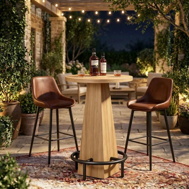 Little Trees LITTLE TREE Bartafel - Ronde Tafel - Hout - Bruin - Hoog Model - 60 x 60 x 95 cm - Bistrotafel Met Voetsteun Voor Eetruimte