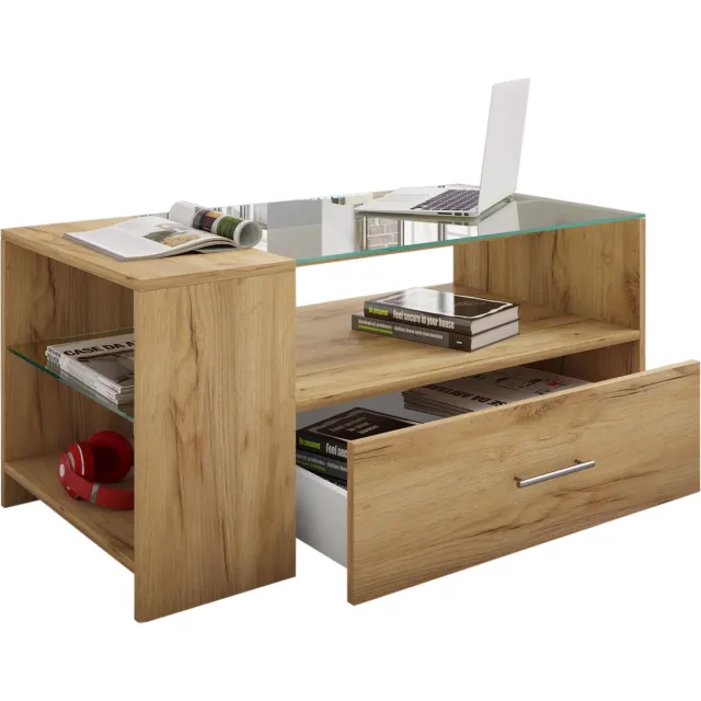 Vcm Tindala salontafel met glazen blad, 1 lade, 3 plankenHoning eiken decor.