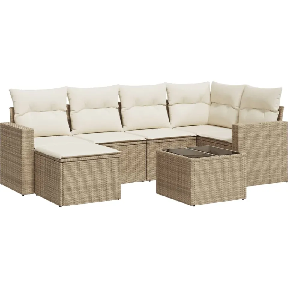 vidaXL 7-delige Loungeset met kussens poly rattan beige, foto 3