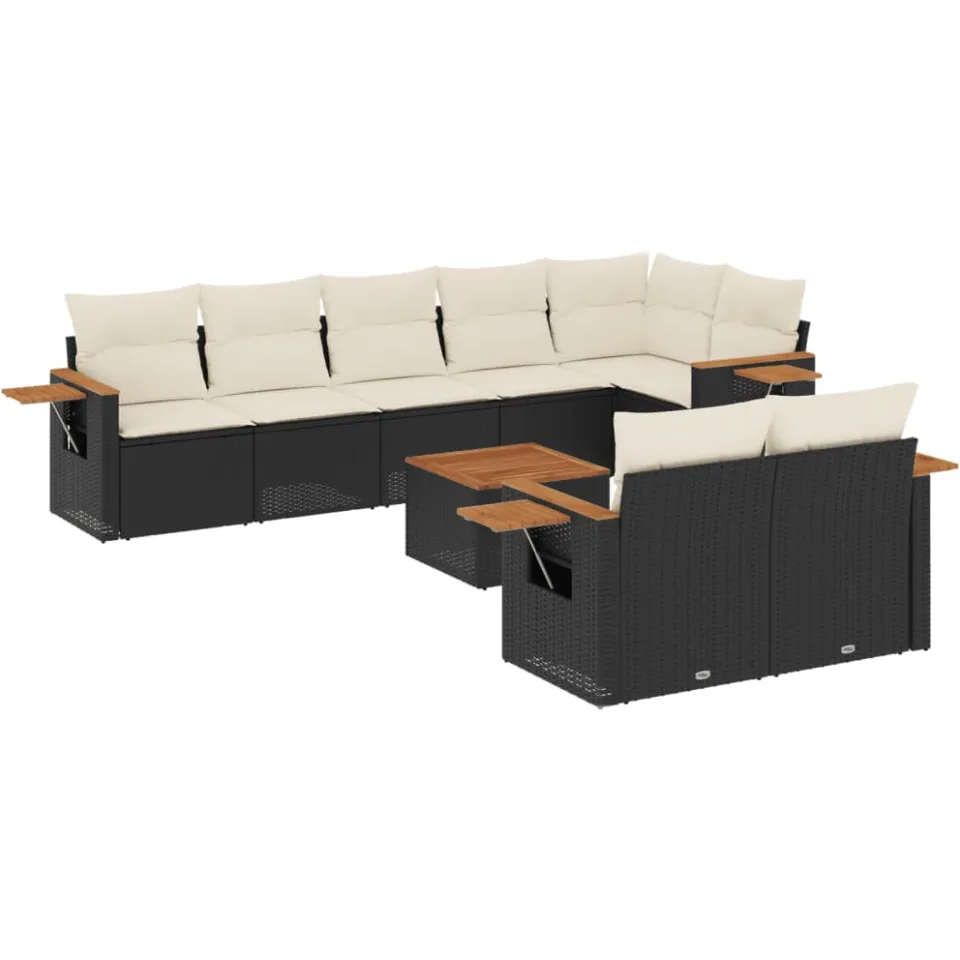 vidaXL 9-delige Loungeset met kussens poly rattan zwart