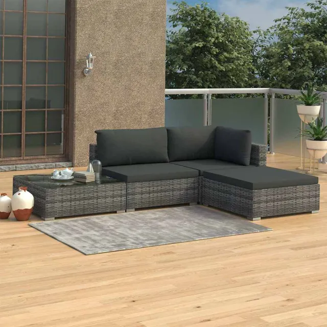 vidaXL 4-delige Loungeset met kussens poly rattan grijs, foto 2