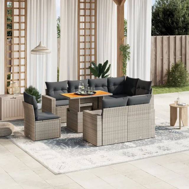 vidaXL 9-delige Loungeset met kussens poly rattan grijs, foto 2