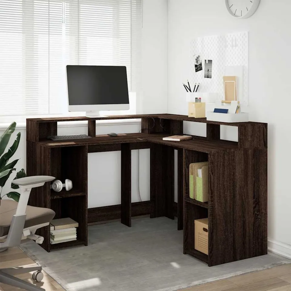 vidaXL Bureau met LED-verlichting 130x130x91 cm hout bruin eikenkleur, foto 2