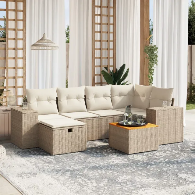 vidaXL 7-delige Loungeset met kussens poly rattan beige, foto 2