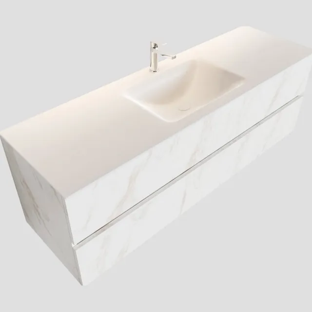 Boss & Wessing Badkamermeubel BWS Valencia Carrara Mat 150 cm Solid Surface Wastafel (1 kraangat, 2 lades)