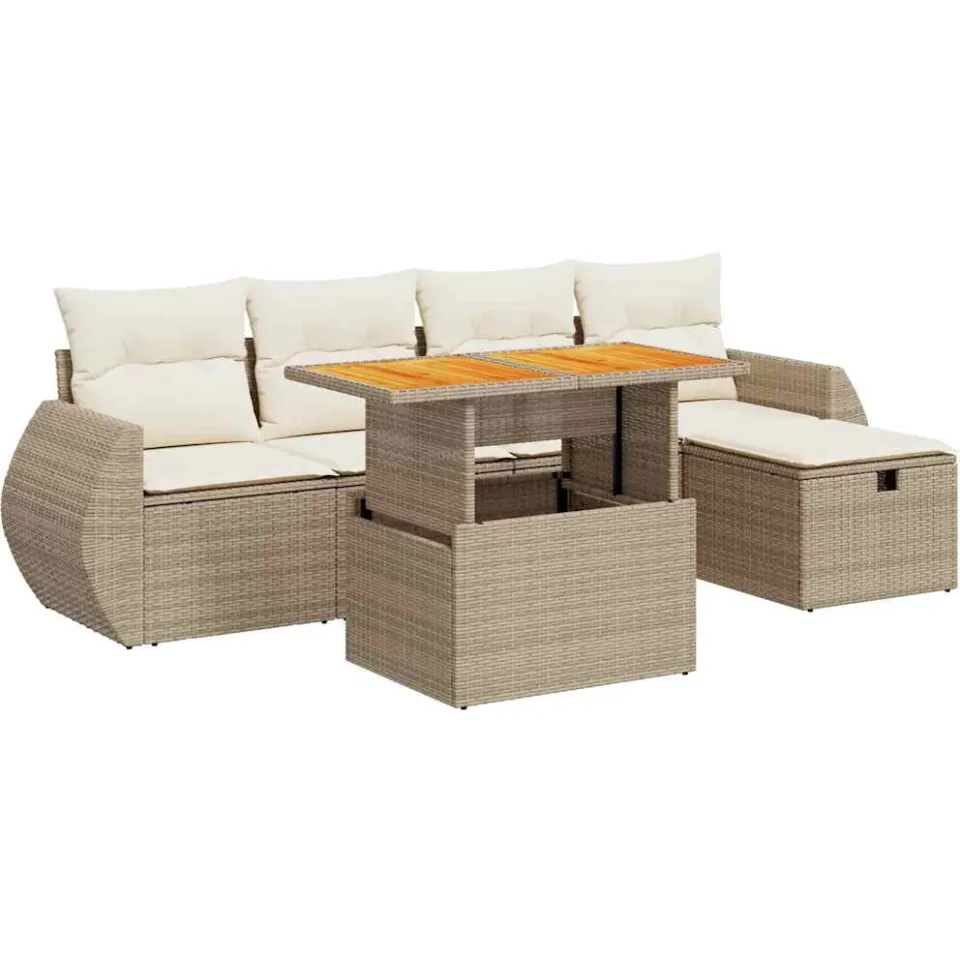 vidaXL 6-delige Loungeset met kussens poly rattan acacia beige, foto 3
