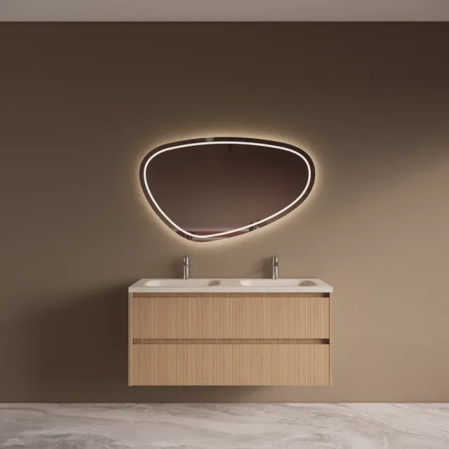Boss & Wessing BWS Riga Licht Eiken Japandi Badmeubelset Met Wastafel 120 cm Travertin Sintered Stone Keramisch