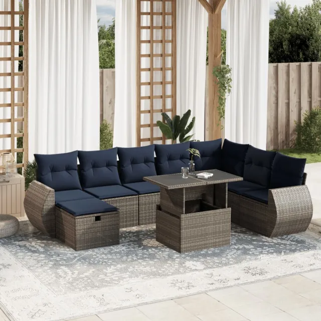 vidaXL 9-delige tuinbankset met kussens, grijs polyrotan, foto 2