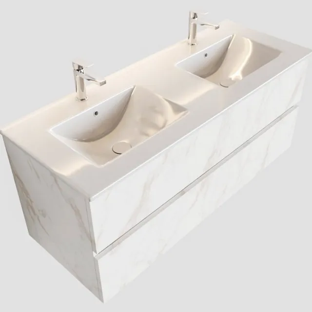 Boss & Wessing Badkamermeubel BWS Madrid Carrara Mat 120 cm Keramische Wastafel Dubbel (2 kraangaten, 2 lades)