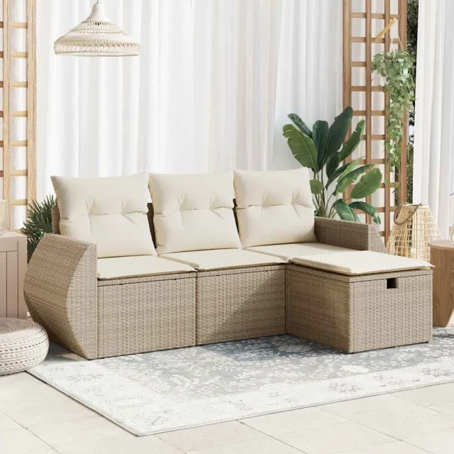 vidaXL 4-delige Loungeset met kussens poly rattan beige, foto 2