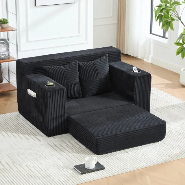 MODENUIT Slaapbank 151 x 133 cm - 2-Zits Met Opbergvakken En Bekerhouder - Woonkamer - Ribfluweel Zwart