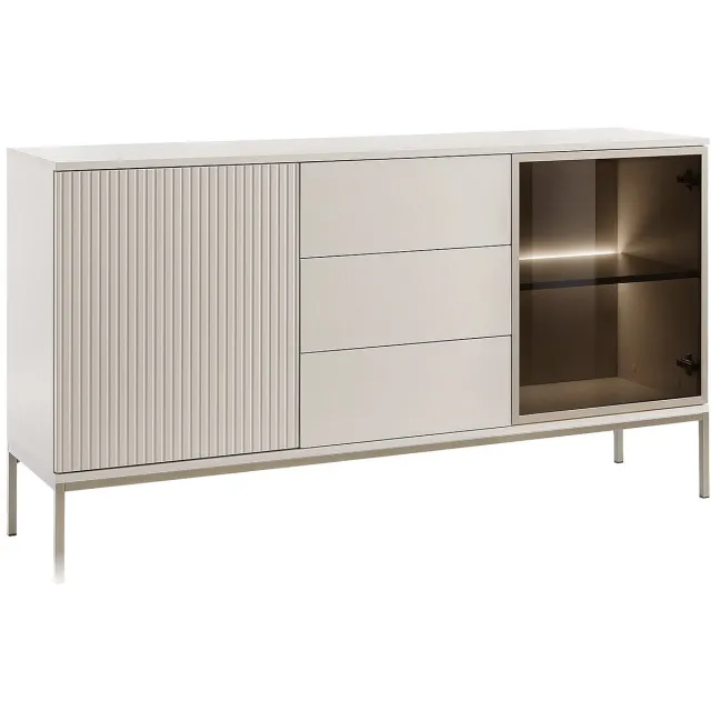 Vente-unique Buffetkast met 2 deurtjes en 3 lades met ledverlichting van MDF en gerookt glas - Beige en zwart - OVILA