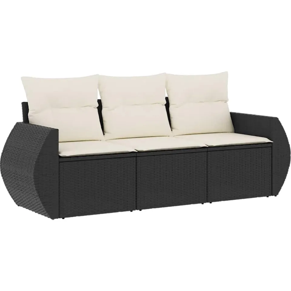 vidaXL 3-delige Loungeset met kussens poly rattan zwart