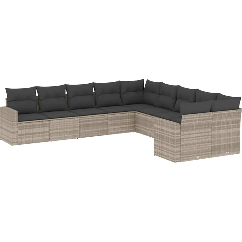 vidaXL 10-delige Loungeset met kussens poly rattan lichtgrijs grijs