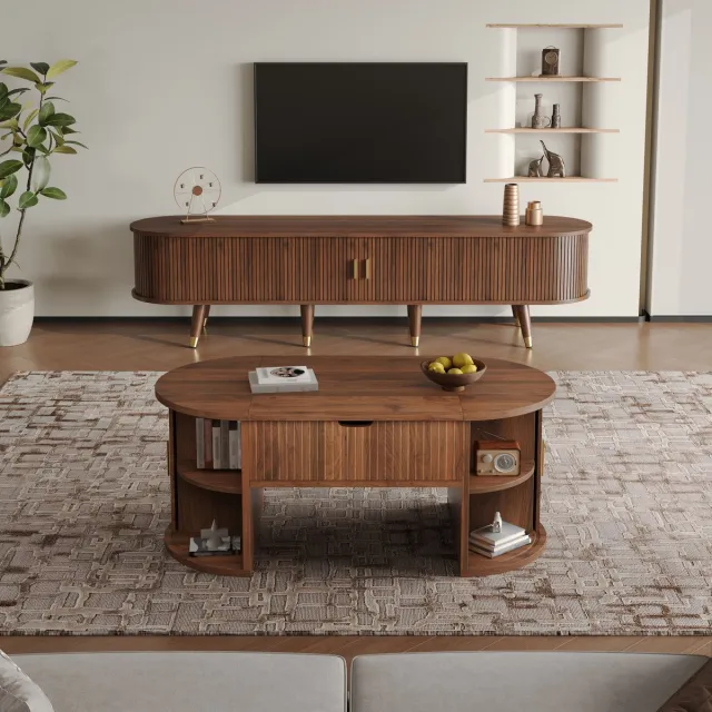 MUVANO Woonkamerset Walnoot - TV-Meubel met Schuifdeuren - Salontafel met Opklapbaar Blad - Mid-Century - 175 cm - Opbergruimte - Woonkamer Walnoot
