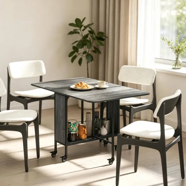 OKWISH Uitschuifbare Eettafel - Opklapbaar Rollend Model Met Opbergvak - Modern Voor Keuken En Woonkamer - Grijs Houtlook - 130x80x74 Cm
