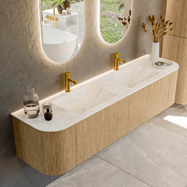 Mondiaz KURVE-DLUX 180 cm Onderkast Greeploos 2 Lades Met Deuren Oak, Wastafel Solid Surface Dubbel Ostra 2 Kraangaten Zonder Spiegel (KRVLEA180L+R2L2D2KD-Oak/Ost)
