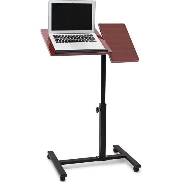 Thuys Laptoptafel op Wieltjes – In Hoogte Verstelbaar & Draaibaar – Met 2 Verstelbare Plateaus – Stabiel – Voor Bank & Bed (Mahoniehout)