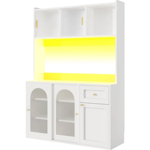Wishdor Keukenkast Met Ledverlichting - Verstelbare Legplanken - Glazen Schuifdeuren - MDF En Spaanplaat - Wit - 120 X 35 X 167 Cm