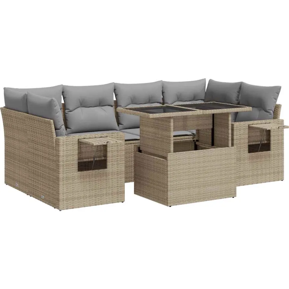 vidaXL 7-delige Loungeset met kussens poly rattan beige, foto 3