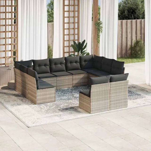 vidaXL 11-delige Loungeset met kussens poly rattan lichtgrijs grijs, foto 2