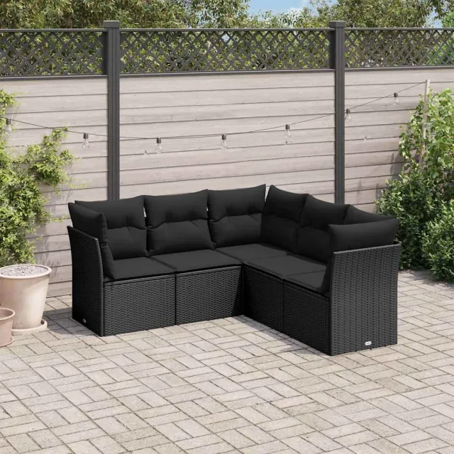 vidaXL 5-delige Loungeset met kussens poly rattan zwart, foto 2