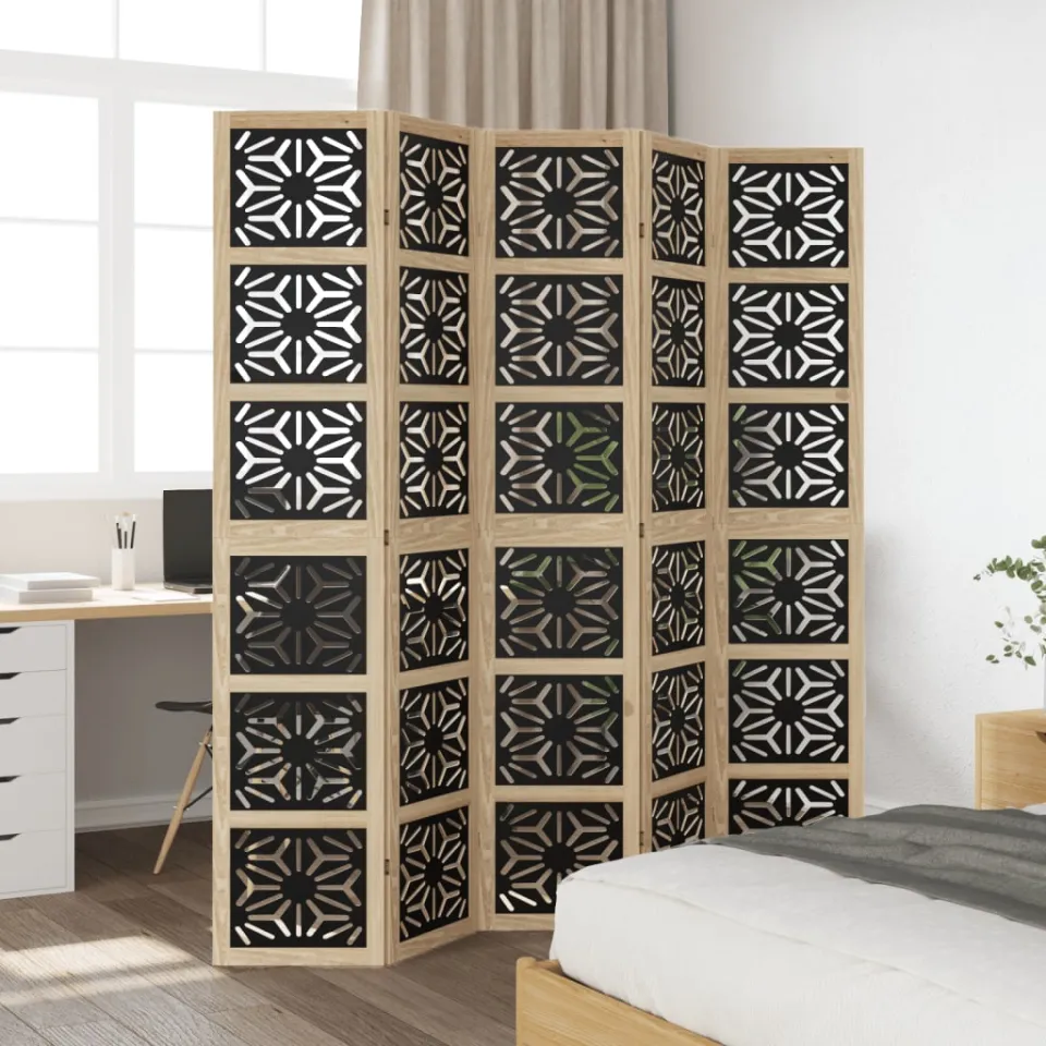vidaXL Kamerscherm met 5 panelen massief paulowniahout bruin en zwart, foto 2