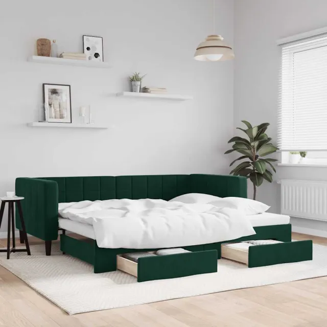 vidaXL Slaapbank onderschuifbed en lades 90x200 cm fluweel donkergroen