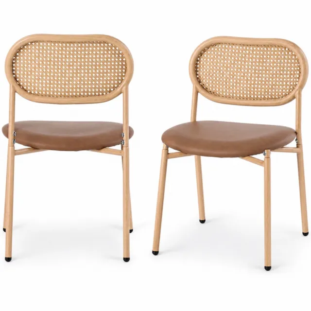 City long dragon LONG DRAGON - Eetkamerstoelen - Set van 2 - Rotan rugleuning - Vier metalen poten - Voor woonkamer en slaapkamer - Bruin