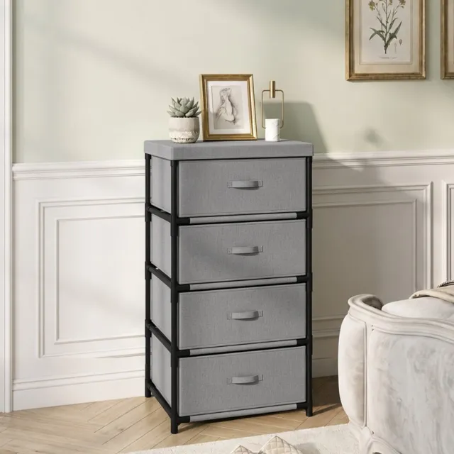 STILVORA Ladekast - 4 Stoffen Lades Met Stalen Onderstel - Voor Woonkamer, Werkkamer En Hal - Metaal En Stof - 42 x 32 x 80 cm - Grijs En Zwart
