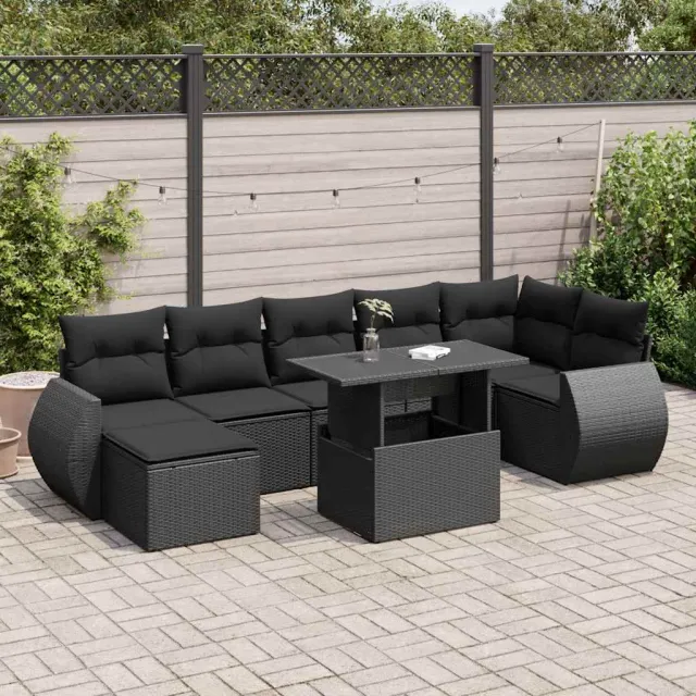 vidaXL 8-delige Loungeset met kussens poly rattan zwart, foto 2