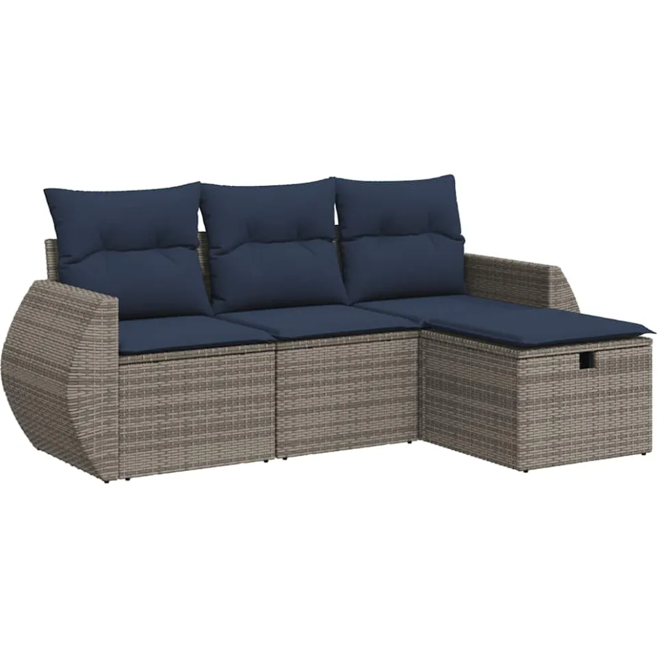 vidaXL 4-delige Loungeset met kussens poly rattan grijs, foto 3