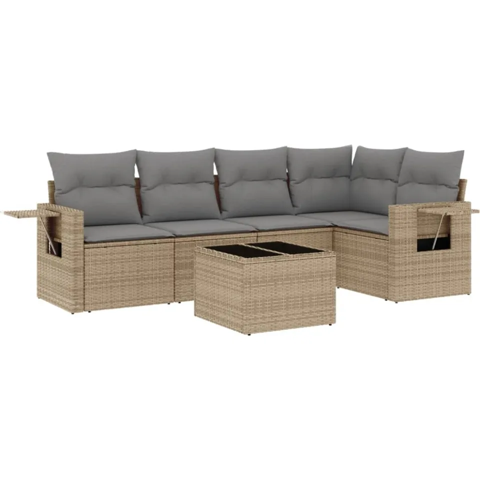 vidaXL 6-delige Loungeset met kussens poly rattan beige, foto 3